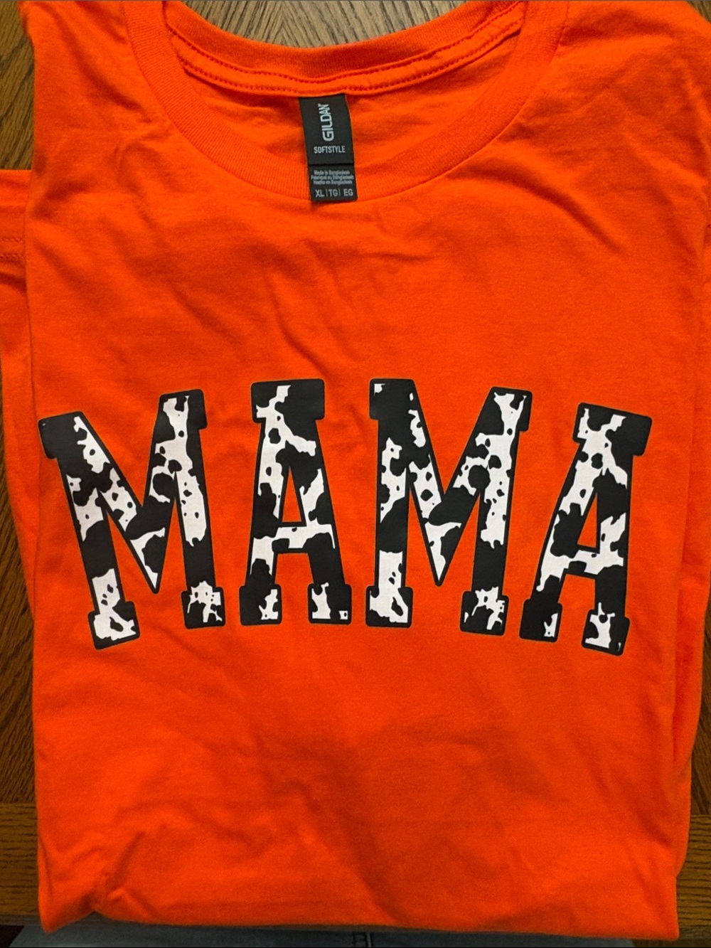 Gildan Bright Orange Kids Tee with Black & White Cowprint "MAMA" Graphic
